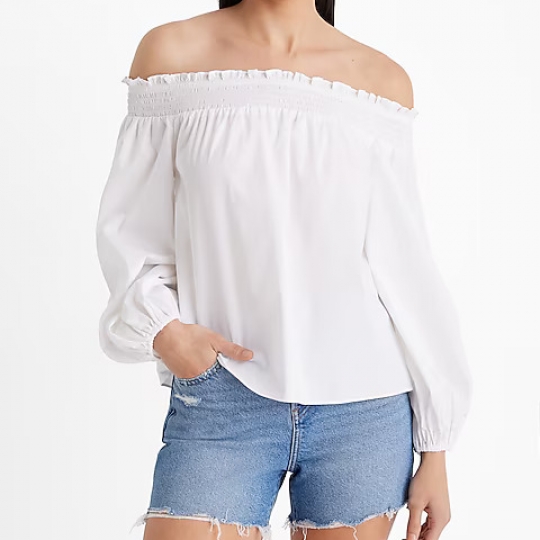 Poplin Off The Shoulder Balloon Sleeve Smocked Top