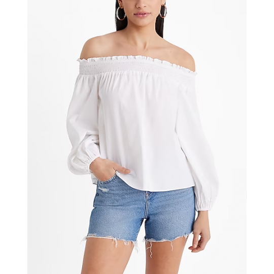 Poplin Off The Shoulder Balloon Sleeve Smocked Top