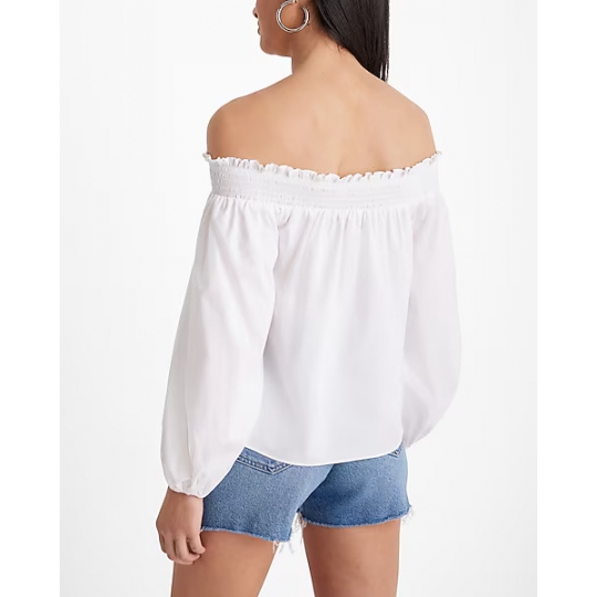 Poplin Off The Shoulder Balloon Sleeve Smocked Top
